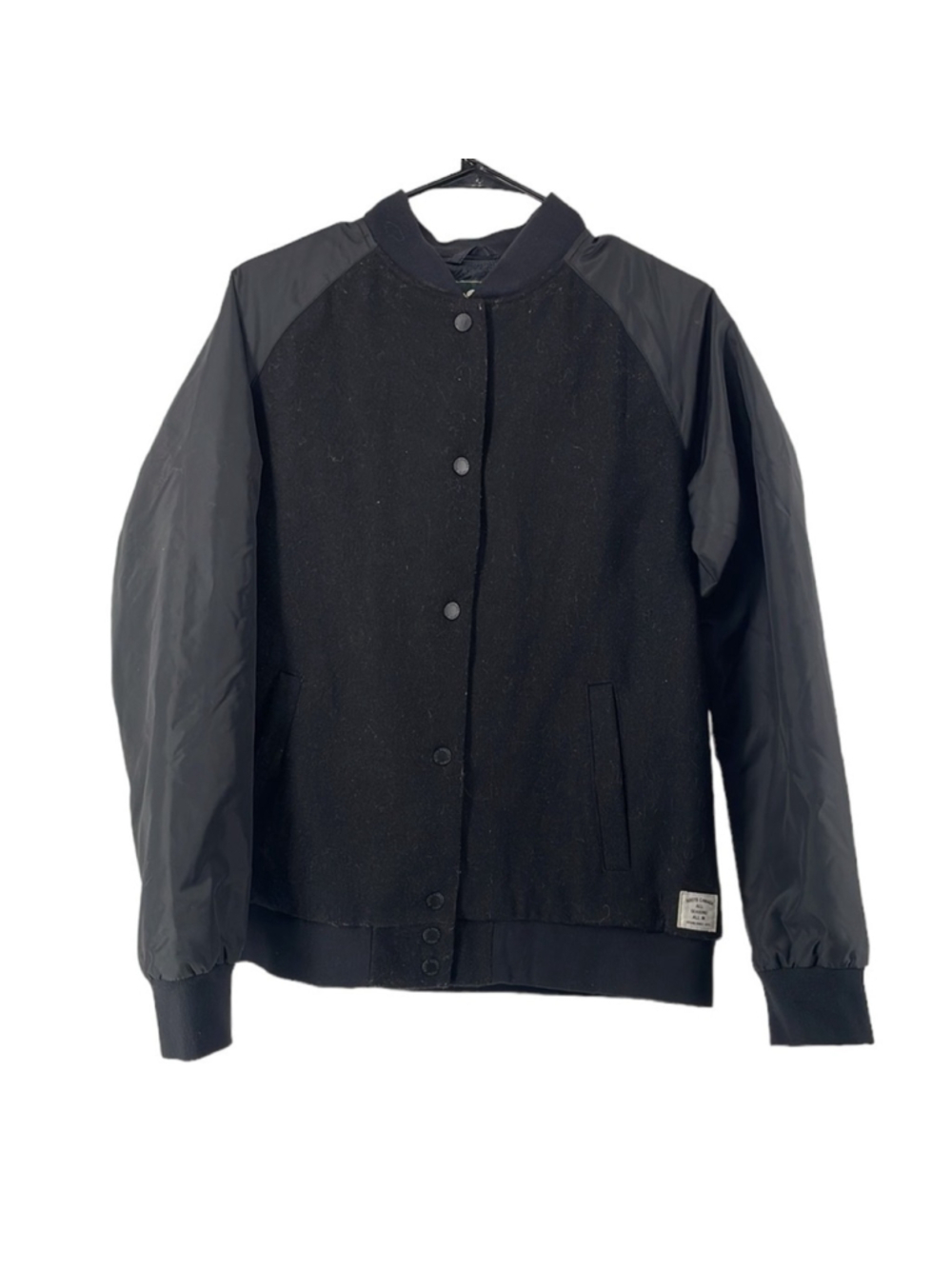 Roots varsity jacket wool body nylon sleeves Roots spellout Canada minimalist lg